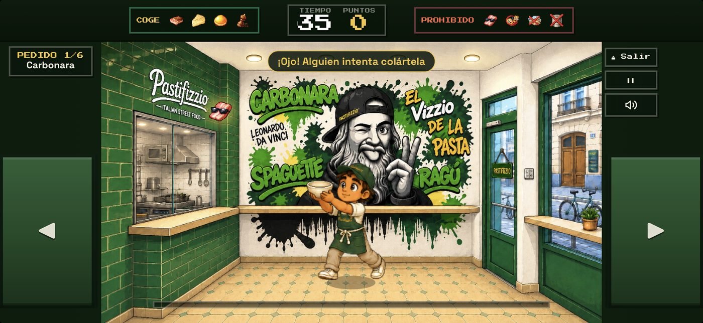 Pastifizzio: The Game — gameplay pixel-art dentro del local